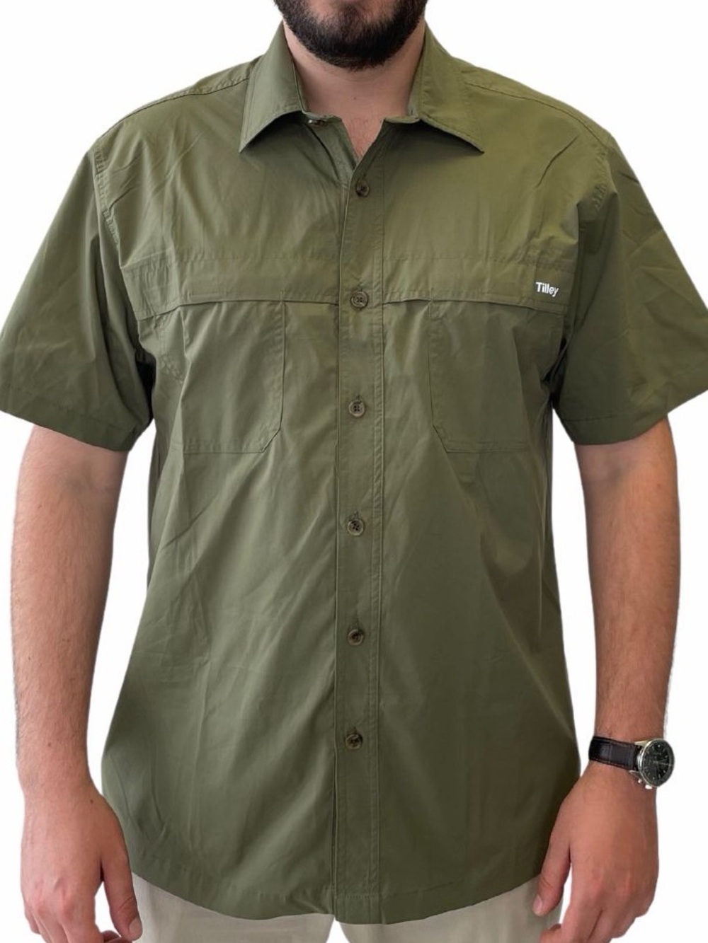 Tilley Men’s Short Sleeve Button Down Camp Shirt Green size Medium Hiking Camp